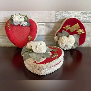 3 Vtg Valentine’s Day Heart Red Fabric 4” Trinket Jewelry Gift Boxes Cupid Love